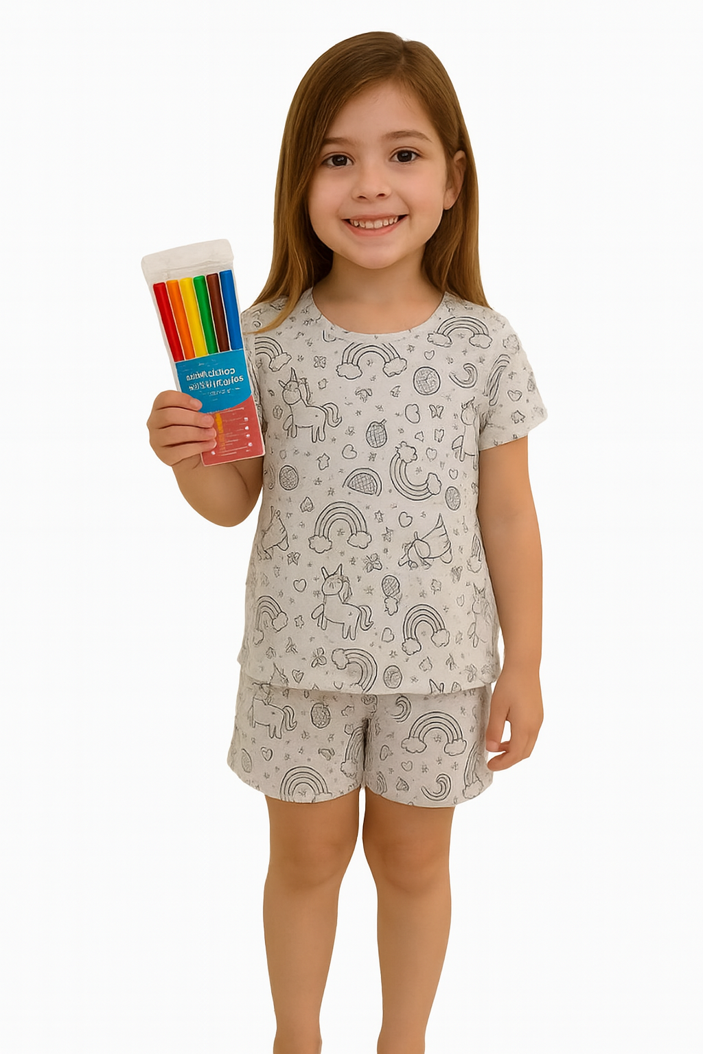 Pijama Infantil Colorir Unicórnio + Kit Canetinhas
