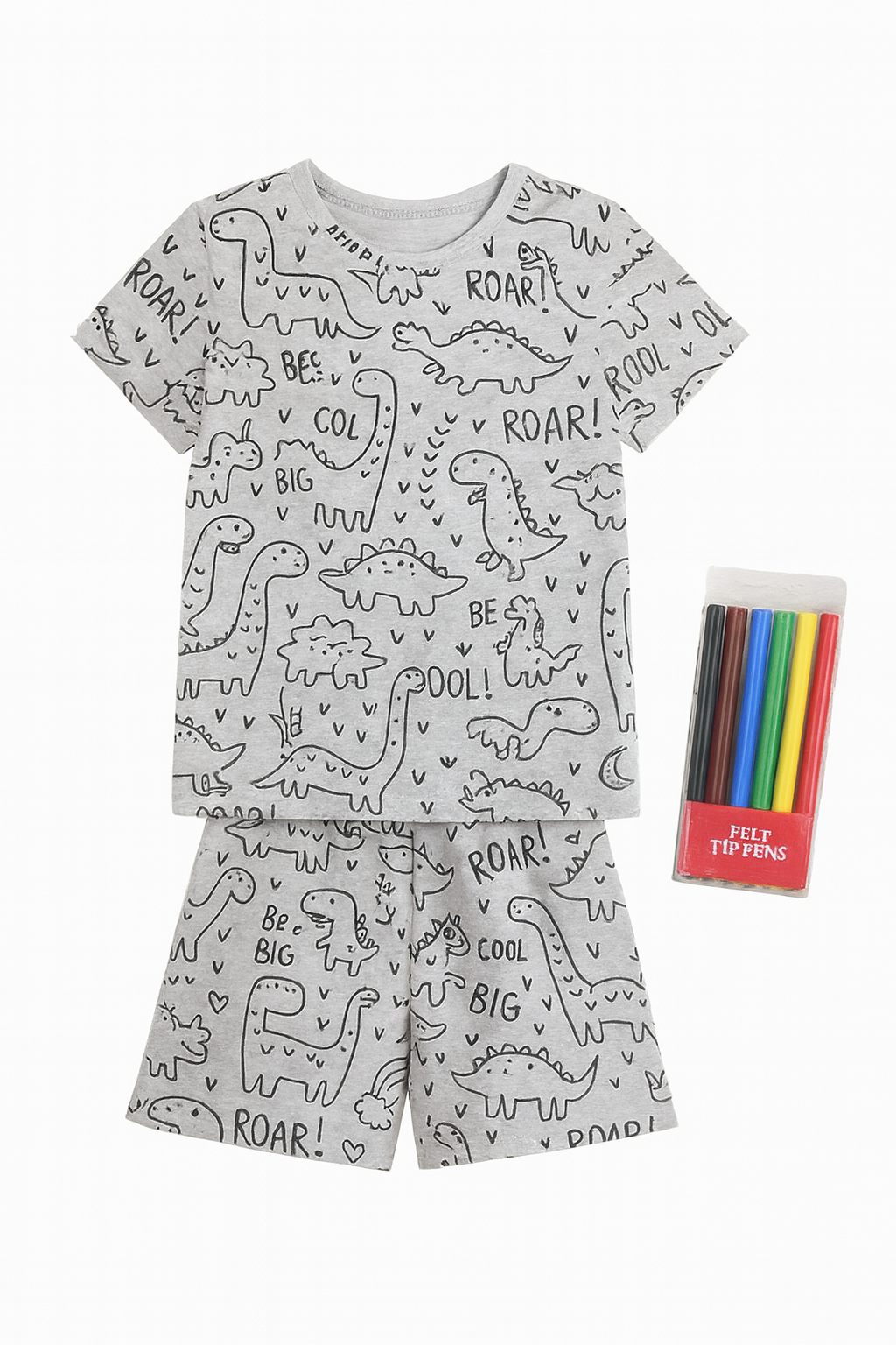 Pijama Infantil Colorir Dinossauros + Kit Canetinhas