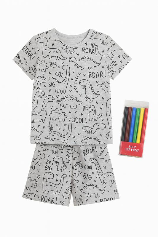 Pijama Infantil Colorir Dinossauros + Kit Canetinhas